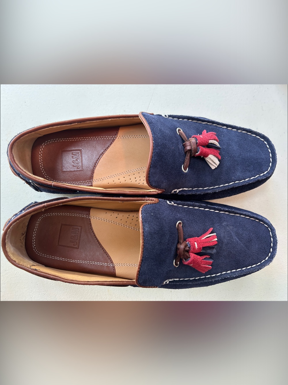 Johnston & Murphy Hartman. Navy Suede Tassel Driving Loafers Red & Cream Accent - Picture 4 of 7